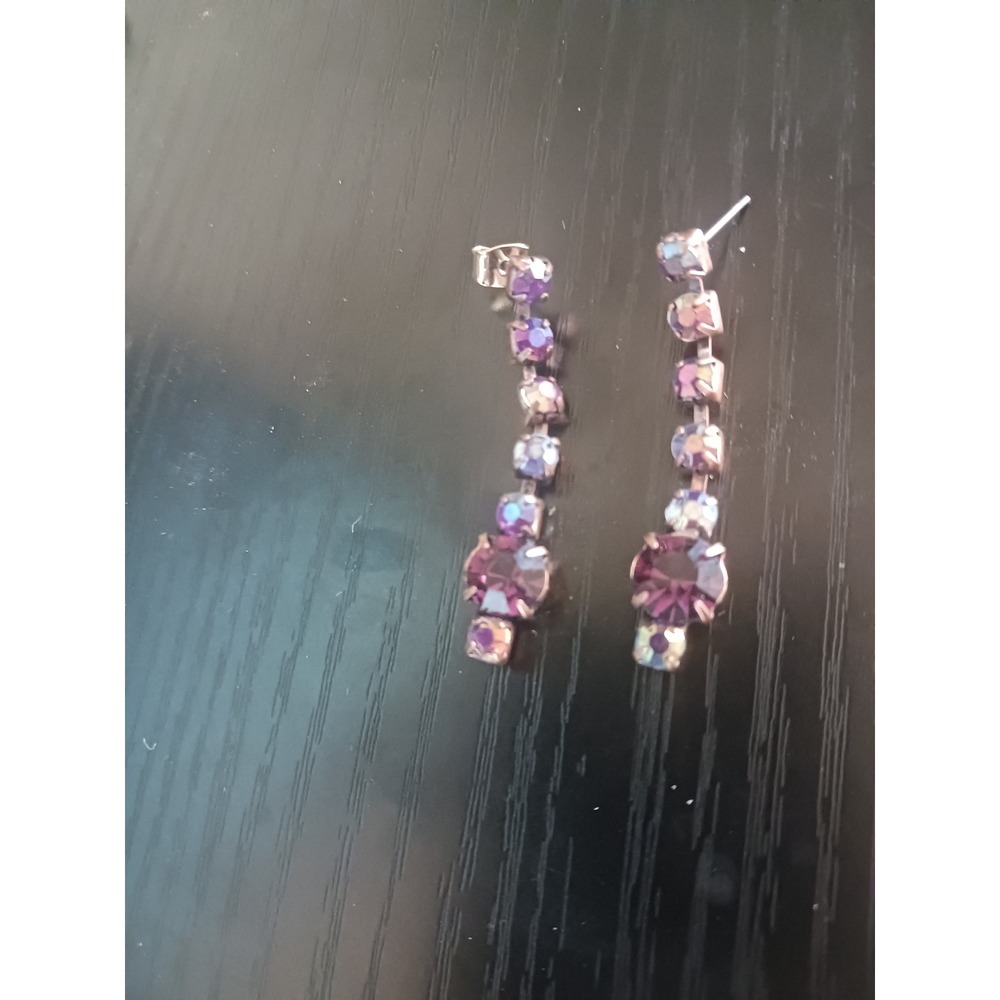 Purple Aurora Borealis Rhinestone Rose Gold Tone Linear Drop Dangle Earrings